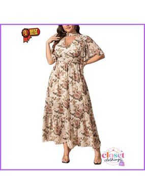 Plus Size Floral Chiffon V Neck Maxi Dress Detachable Tie Smocked Back